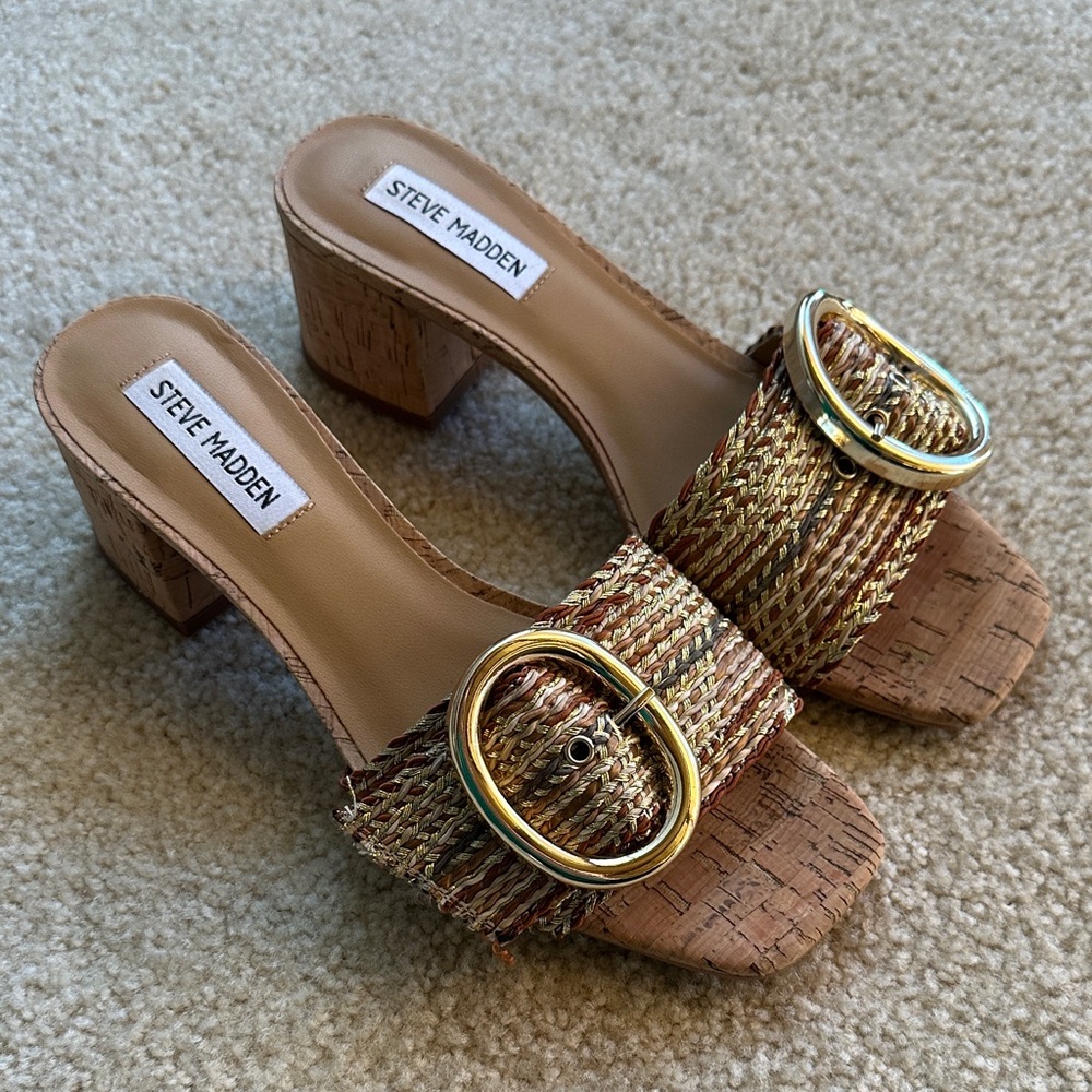 Steve Madden Multi-Color Cork Kitten Heel Sandals | Gold Buckle | Size 7.
